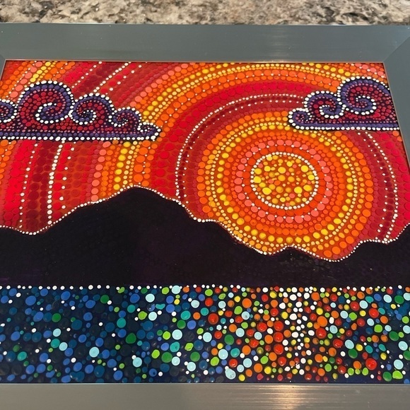 Gorgeous sunset/mountains dot mandala style painting in silver frame 10”X12” new - Picture 2 of 7